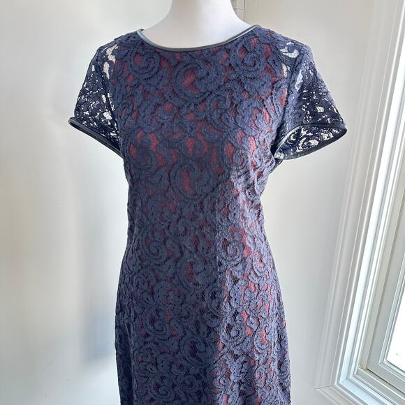 Club Monaco Navy Blue Lace Leather Trim Knee Length Layered Dress Size 6 - Picture 2 of 7